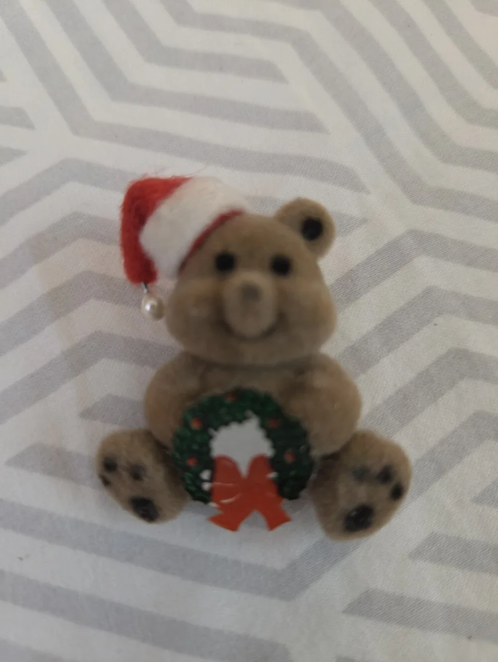 Vintage 1980s flocked fuzzy teddy bear Christmas pin